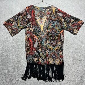 VINTAGE See You Monday Cardigan Womens M Paisley Fringe Kimono Black Multi Boho